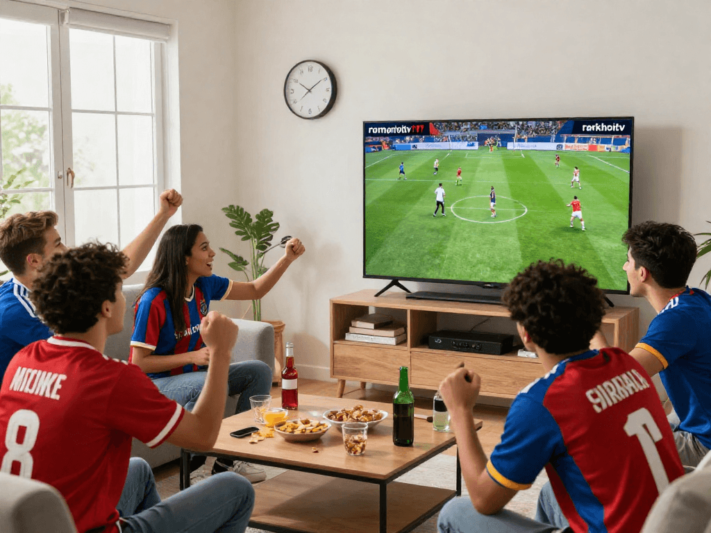 Friends enjoying a soccer match on rakhoitv.network in HD, lively atmosphere with snacks and jerseys.